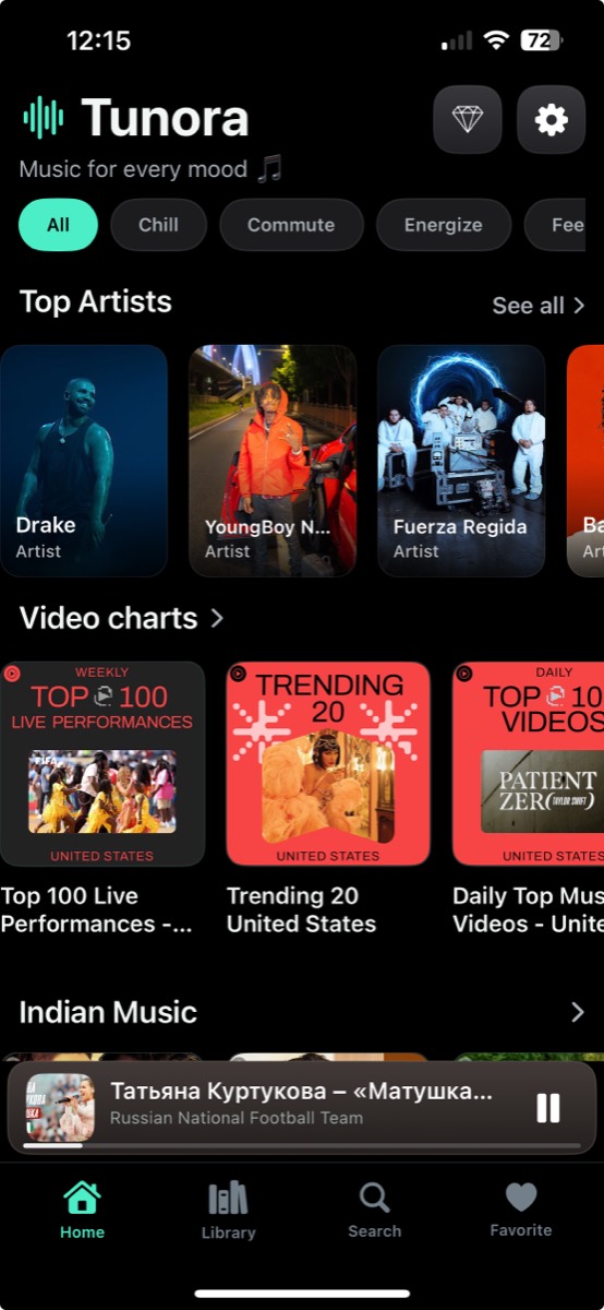 Tunora app home screen showing Top Artists, Video charts and the now‑playing bar.