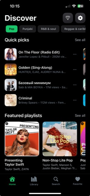 Tunora Home tab showing a Discover feed with Quick picks and Featured playlists.