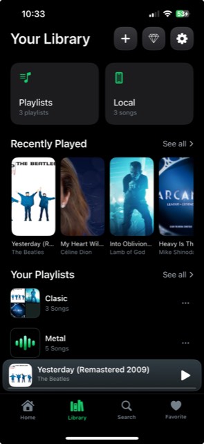 Tunora Library showing Playlists, Local songs, Recently Played and the mini-player.